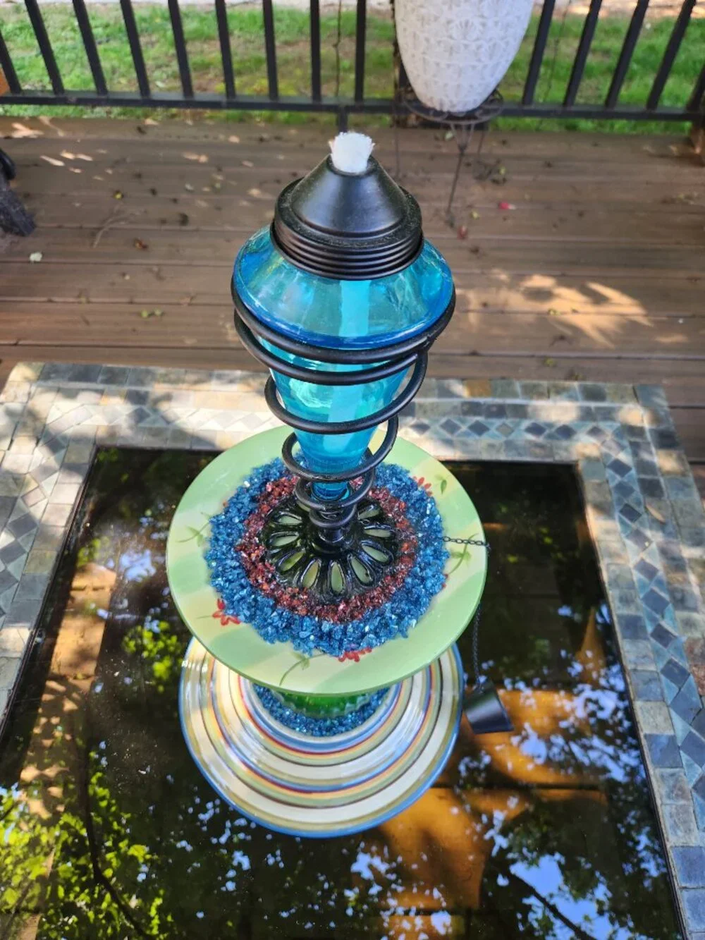 Upcycled Blue Green Tiki Torch Crushed Glass Accents
